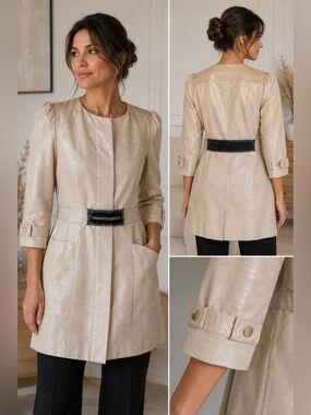 Hanii Y Cream Textured Belted Trench Coat Jacket Women’s Size 8